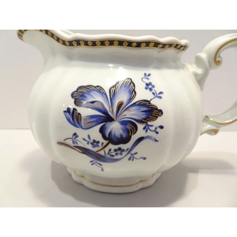 Rorstrand Sweden Porcelain Milk Jug Pitcher Blue Floral Gold Gilt Scalloped Rim